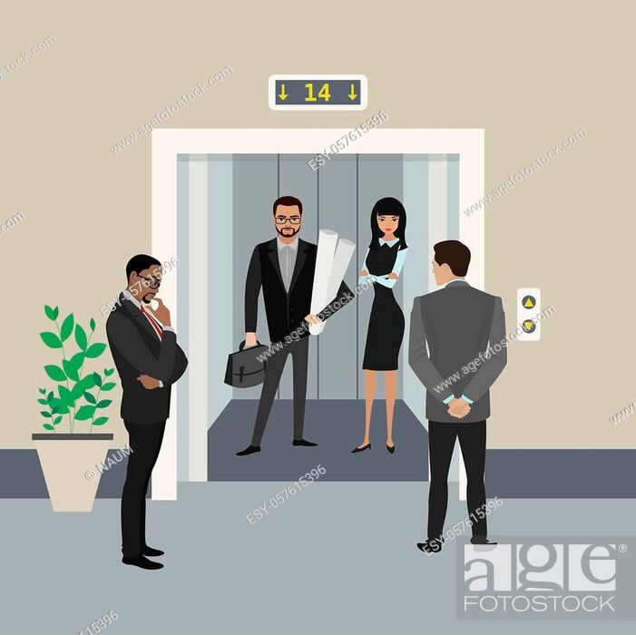 Cartoon business people in elevator and near, lift with open doors, flat  vector illustration, Stock Vector, Vector And Low Budget Royalty Free  Image. Pic. ESY-057615396 | agefotostock