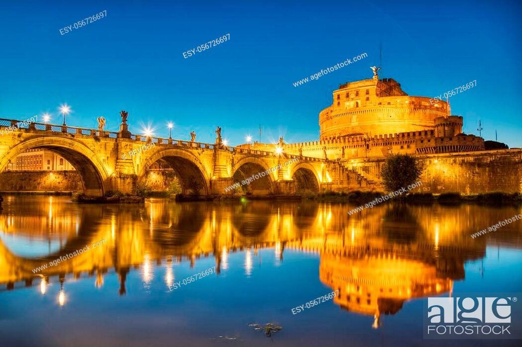 Stock Photo: Illuminated Saint Angelo Castle at Dusk, Castel Sant Angelo in Rome, Italy.