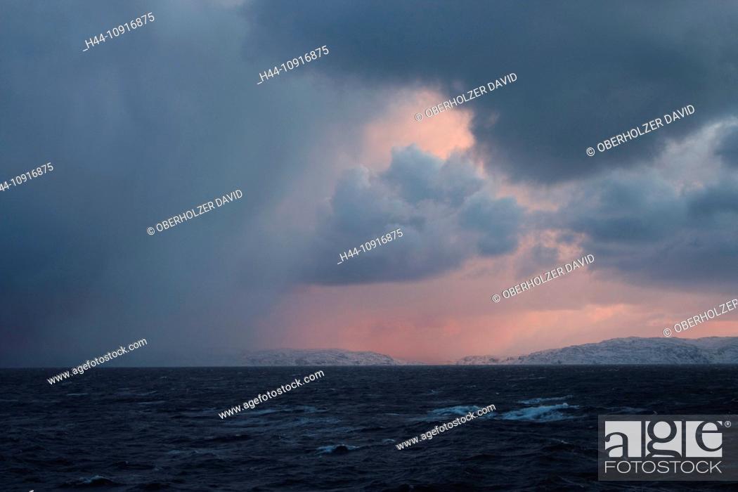 Stock Photo: Europe, Scandinavia, Norway, Hurtigruten, sea cruise, MS, Polarlys, cruise, ship journey, cold, mailboat, packet ship, light, mood, clouds, weather, sundown.