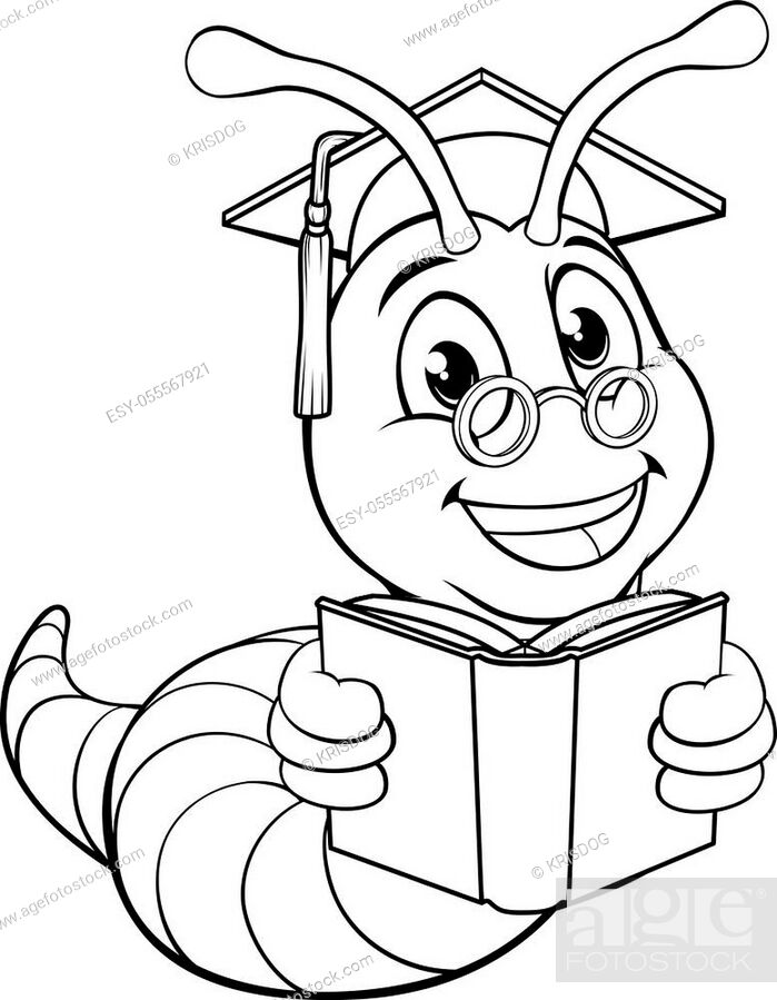A bookworm cute cartoon worm in black and white outline like a kids  coloring book page, Stock Vector, Vector And Low Budget Royalty Free Image.  Pic. ESY-055567921 | agefotostock