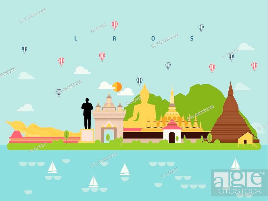 Stock Vector: Laos Famous Landmarks Infographic Templates for Traveling Minimal Style and Icon, Symbol Set Vector Illustration Can be use for Poster Travel book, Postcard.