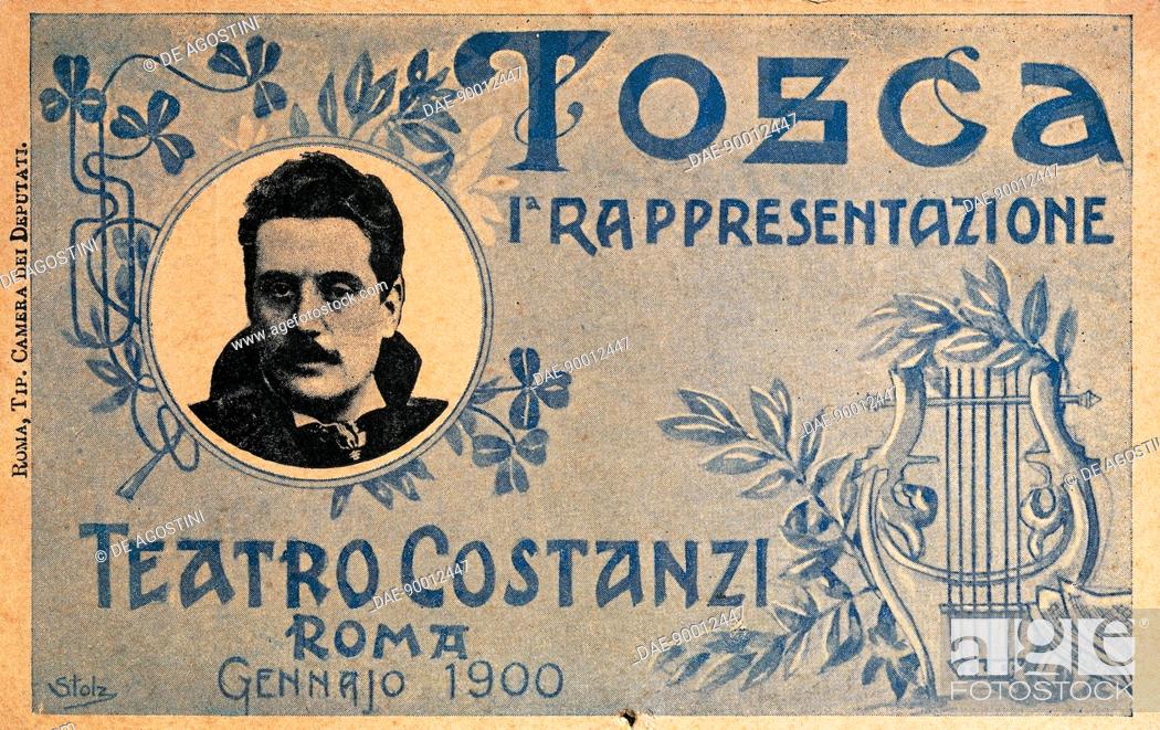 Stock Photo: Postcard created on the occasion of the premiere of the opera Tosca, by Giacomo Puccini (1858-1924), performed at the Costanzi Theatre in Rome, January 1900.