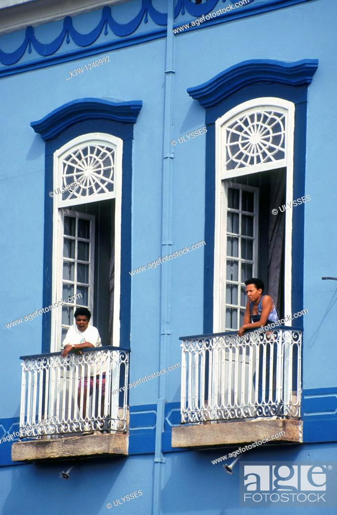 Stock Photo: america, brazil, minas gerais, sao joao del rey, city center, historical building, people at the window.