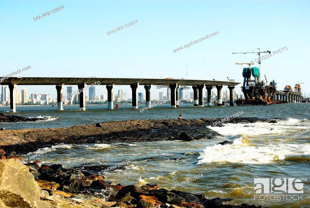 Photo de stock: Progress of Bandra-Worli sea bridge ; Bombay Mumbai ; Maharashtra ; India.