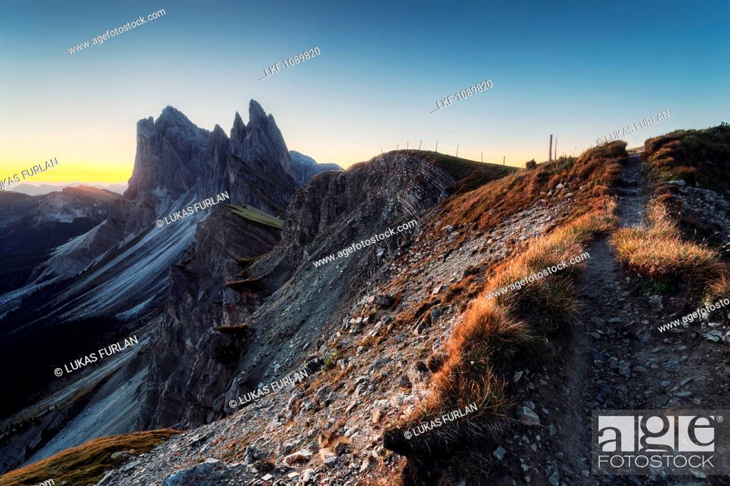 Stock Photo: Seceda and Geisler Group in the early morning, Dolomites, Unesco world heritage, South Tyrol, Italy.