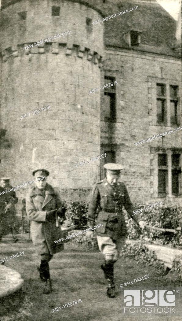Stock Photo: The Prince of Wales (later King Edward VIII and Duke of Windsor) with General Lambert, GOC of the 32nd Division, leaving Spontin Castle (ChÔteau de Spontin) in.