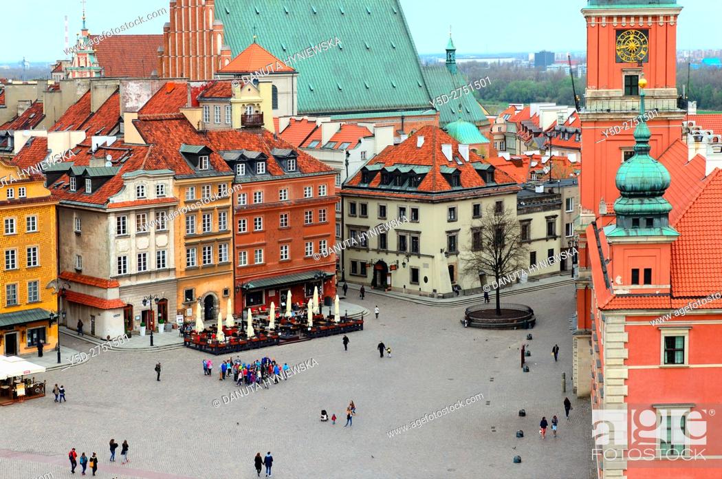 Stock Photo: On right Royal Castle - former official residence of Polish monarchs, Castle square, Old Town of Warsaw, in background St John's Archcathedral.