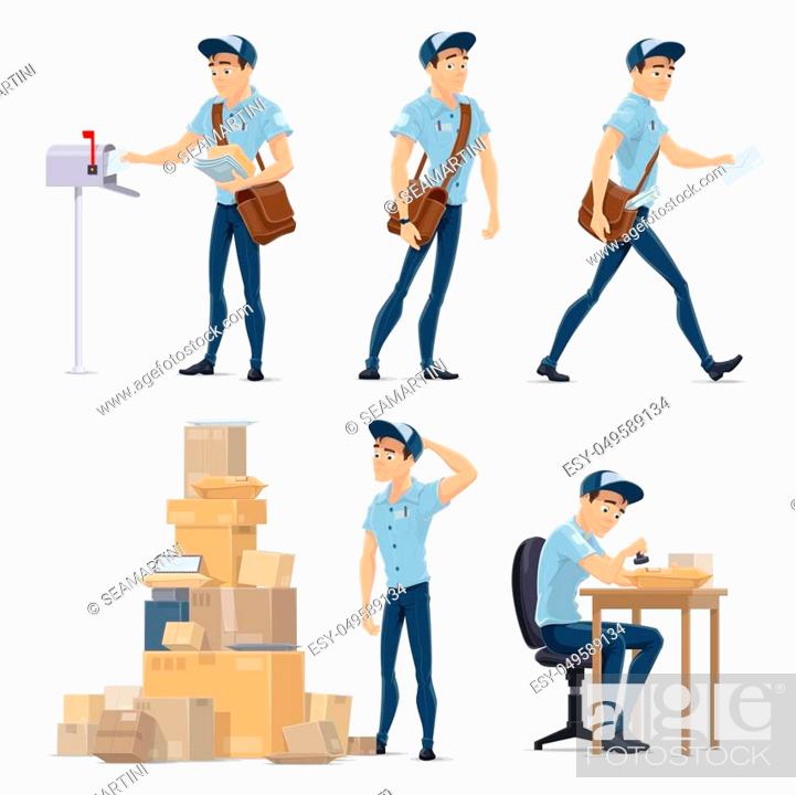 Postman cartoon icon for postal service occupation. Mailman in blue uniform  with bag delivering..., Stock Vector, Vector And Low Budget Royalty Free  Image. Pic. ESY-049589134 | agefotostock