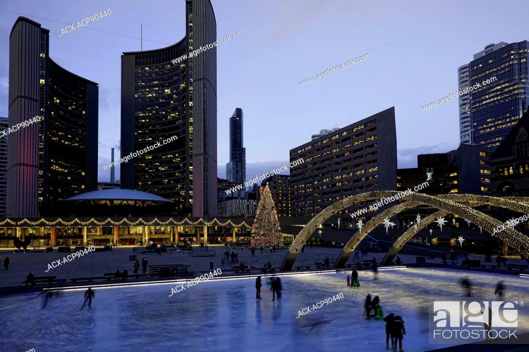 Stock Photo: Christmas Lights and Christmas tree at Nathan Phillips square, Toronto City Hall, Toronto, Ontario, Canada.