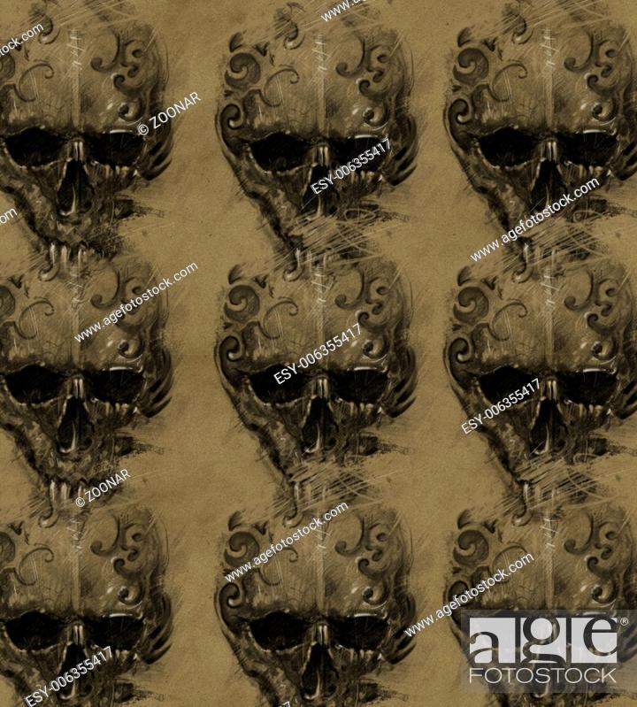 Stock Photo: Tattoo skulls over vintage paper, design handmade.