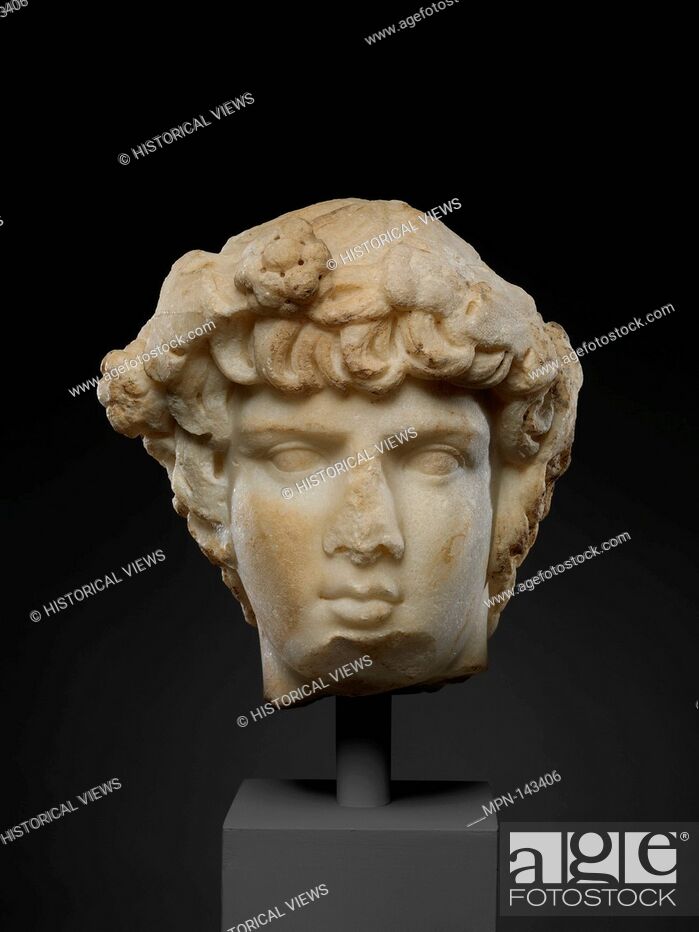Stock Photo: Marble portrait head of Antinoos. Period: Late Hadrianic; Date: ca. A.D. 130-138; Culture: Roman; Medium: Marble; Dimensions: Overall: 9 1/2 x 8 1/4 in.