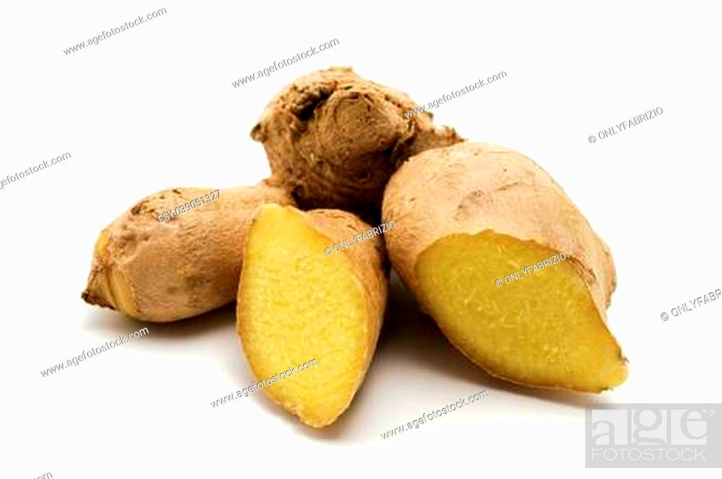 Photo de stock: Ginger (Zingiber officinale) on a white background.