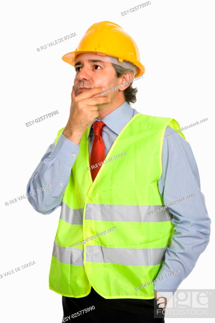 Stock Photo: An engineer with yellow hat, isolated on white.
