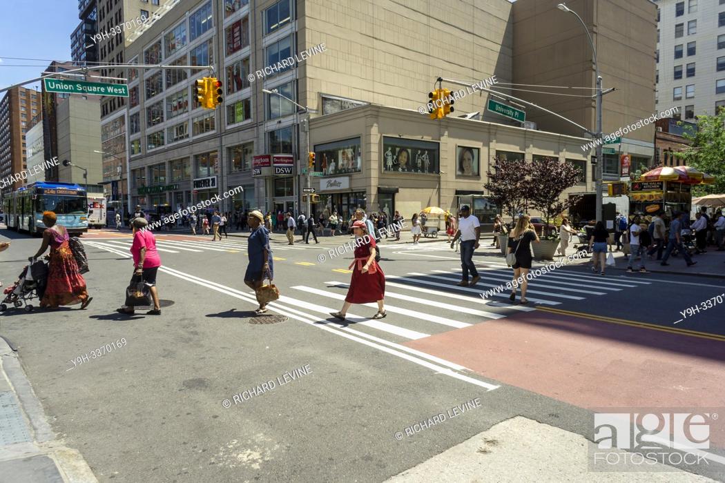 Stock Photo: Traffic on 14th Street in New York on Thursday, June 27, 2019. Because of the L train shutdown the city will ban private car through traffic between Third and.