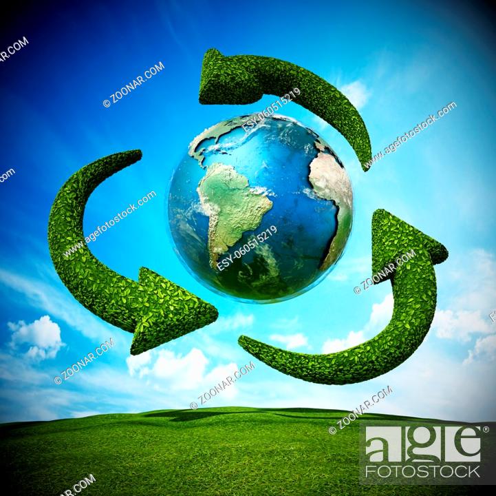 Stock Photo: Turning green arrows around the earth form recycling symbol. 3D illustration.