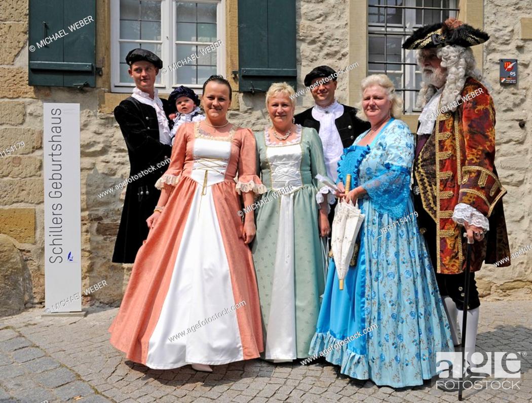 Stock Photo: Life in the Baroque era, 18th century, group of people wearing costumes in front of Schiller's birth house, Schiller Jahrhundertfest festival, Marbach am Neckar.
