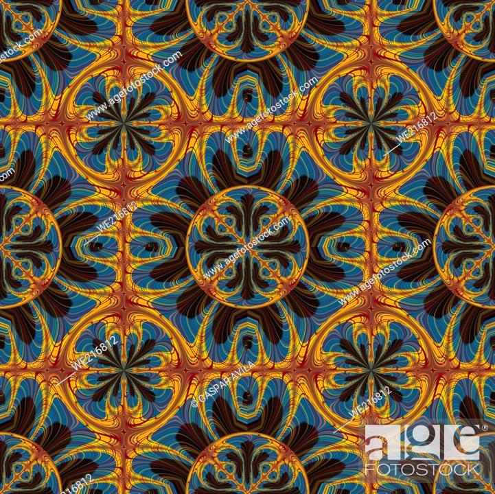 Vector: Tapestry-like algorithmic pattern in mostly blue and yellow. Digital art.