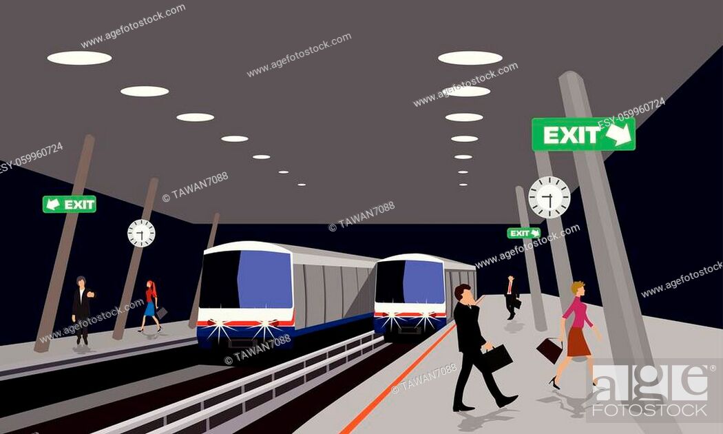 Stock Vector: Night location of the sky train station With many people walking in Thailand, black background.