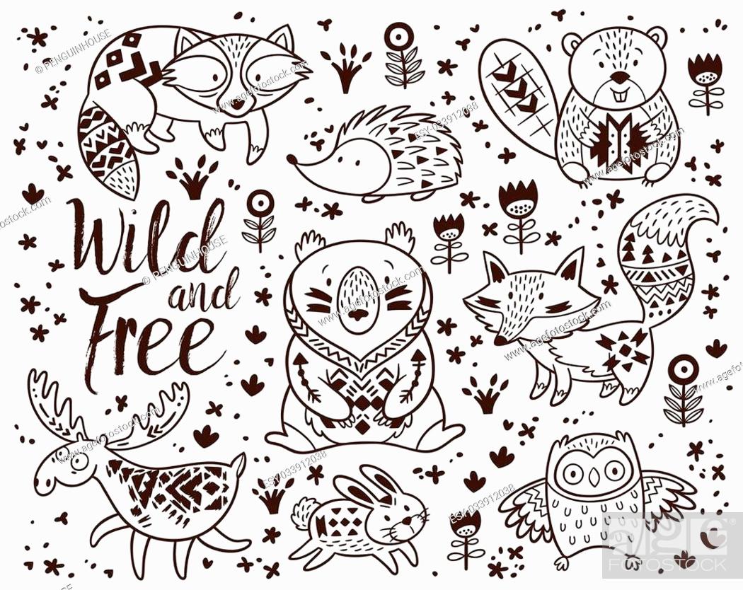 Woodland Animal Coloring Pages for Kids. Hand drawn vector on a ...