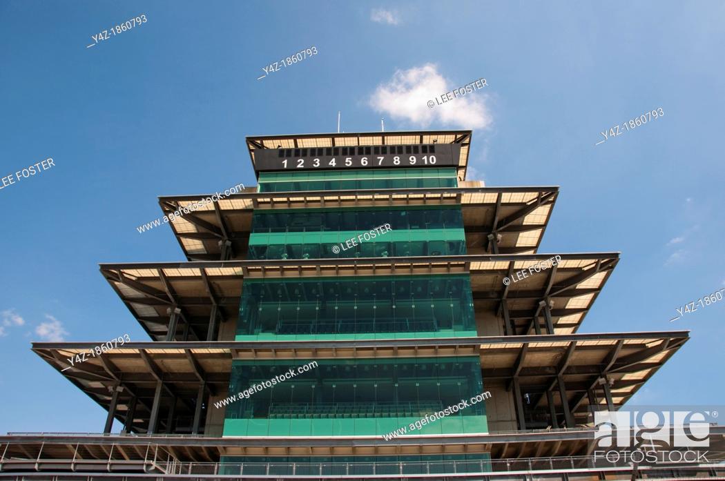 Stock Photo: USA, Indiana, Indianapolis Motor Speedway, control tower pagoda during off season scene of the annual Indy 500 car race.