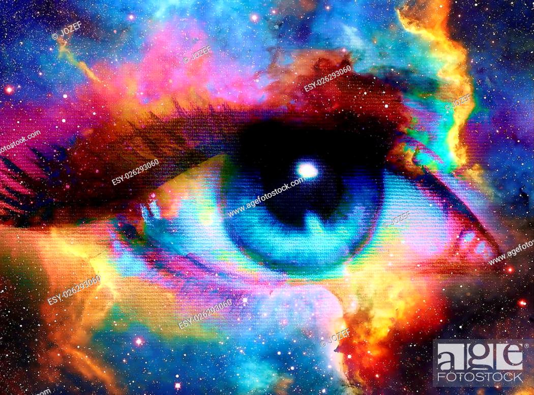 Imagen: Woman Eye and cosmic space with stars. abstract color background, eye contact.