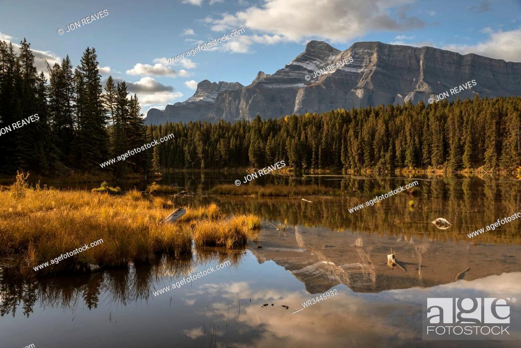 Stock Photo: Mount Rundle reflected in Johnson Lake, Banff National Park, UNESCO World Heritage Site, Alberta, Rocky Mountains, Canada, North America.