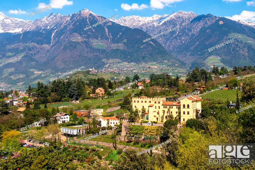 Stock Photo: The Gardens of Trauttmansdorff Castle, located in the town of Merano Meran in northern Italy, is a botanical garden nestled into a twelve-hectare amphitheatre.