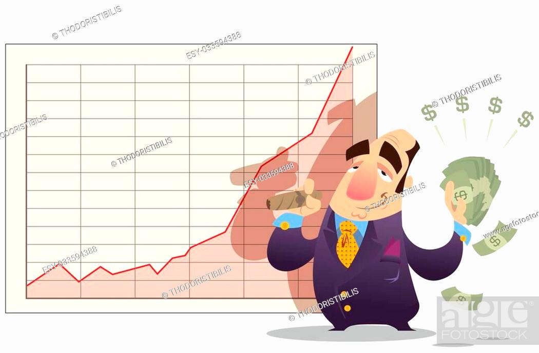 A cartoon man standing satisfied, in front of a stock market diagram,  holding many dollars, Stock Photo, Picture And Low Budget Royalty Free  Image. Pic. ESY-033594388 | agefotostock