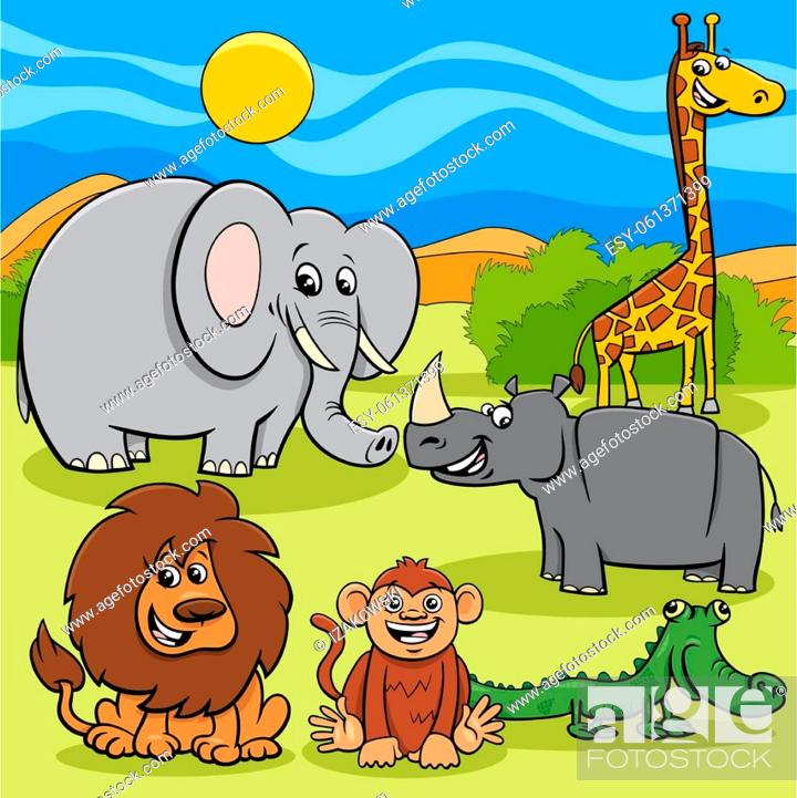 Stock Vector: Cartoon illustrations of funny wild African animal characters group.