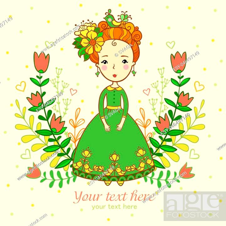 Beautiful Girl On Summer Floral Background Cute Cartoon