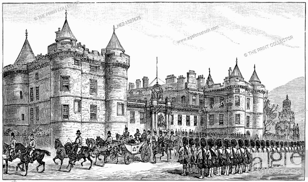 Stock Photo: The queen leaving Holyrood Palace, Edinburgh, 1886, (1900). Queen Victoria leaves one of the royal residences. Illustration from The Life and Times of Queen.