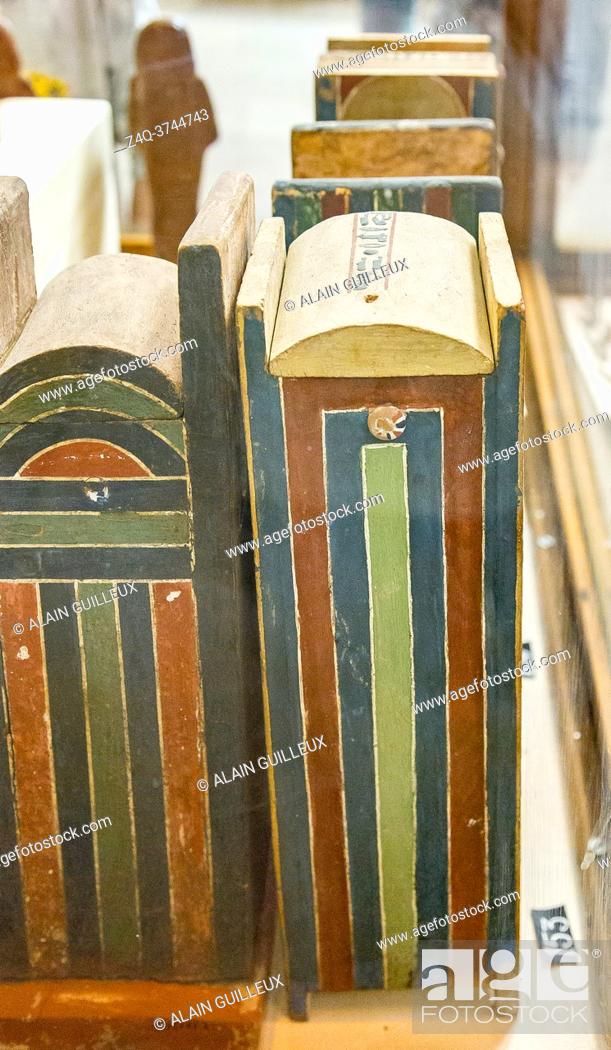 Stock Photo: Egypt, Cairo, Egyptian Museum, from the tomb of Yuya and Thuya in Luxor : Ushebti boxes, one of them has an inscription and a knob with a rosette.