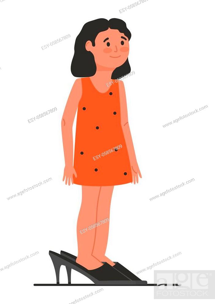 Little girl is wearing big shoes. Cute cartoon character of a brunette girl  in red dress and black..., Stock Vector, Vector And Low Budget Royalty Free  Image. Pic. ESY-058567809 | agefotostock