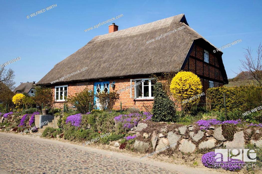 Stock Photo: Thatched-roof house, Gross Zicker, Moenchgut, Ruegen, Germany.