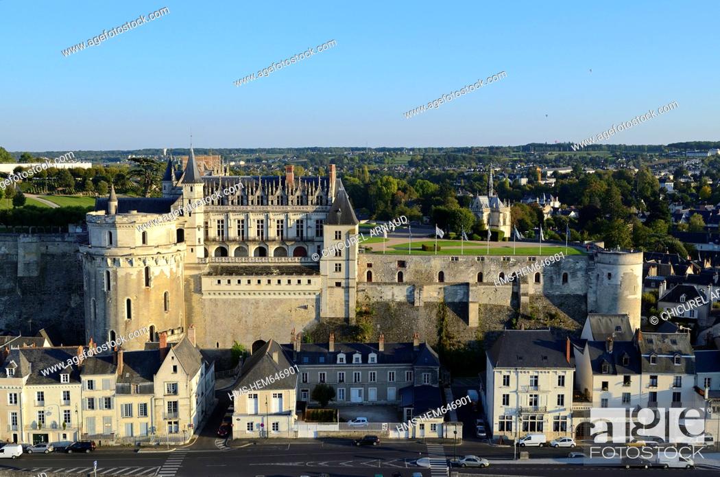 Stock Photo: France, Indre et Loire, Loire valley listed as World Heritage by UNESCO, Amboise, the 15th century castle aerial view.