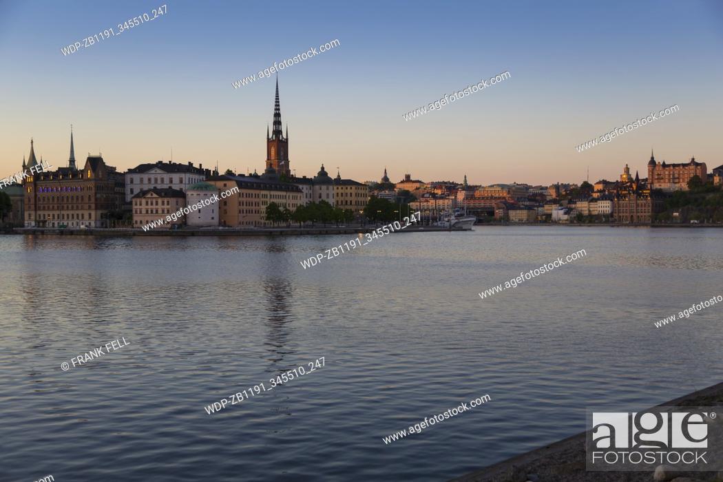 Stock Photo: View of Riddarholmen and Sodermalm at dawn from near Town Hall, Stockholm, Sweden, Scandinavia, Europe.