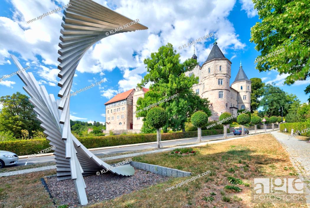 Stock Photo: Bertholdsburg Castle, sculpture, museum, castle complex, house facade, village view, summer, Schleusingen, Thuringia, Germany, Europe,.
