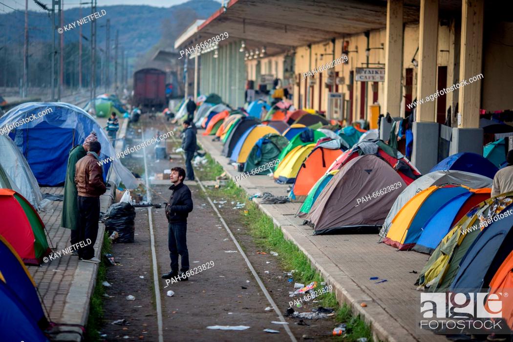 Stock Photo: Refugees in the refugee camp at the border between Greece and Macedonia, Idomeni, Greece, 11 March 2016. Since the border was closed down, 12.
