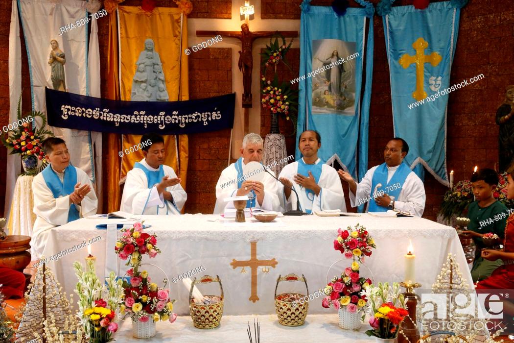 Stock Photo: Assumption celebration in Battambang Catholic Church, Battambang, Cambodia, Indochina, Southeast Asia, Asia.