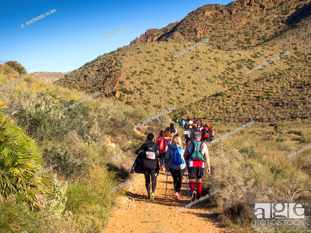 Stock Photo: Trekking competition at San José Cabo de Gata Nijar, Natural Park Biosphere Reserve. Almeria province, Andalusia, Spain Europe.