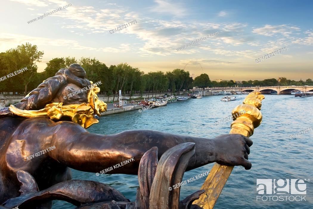 Stock Photo: View on river Seine and nymph on the Alexandre III bridge in Paris, France.