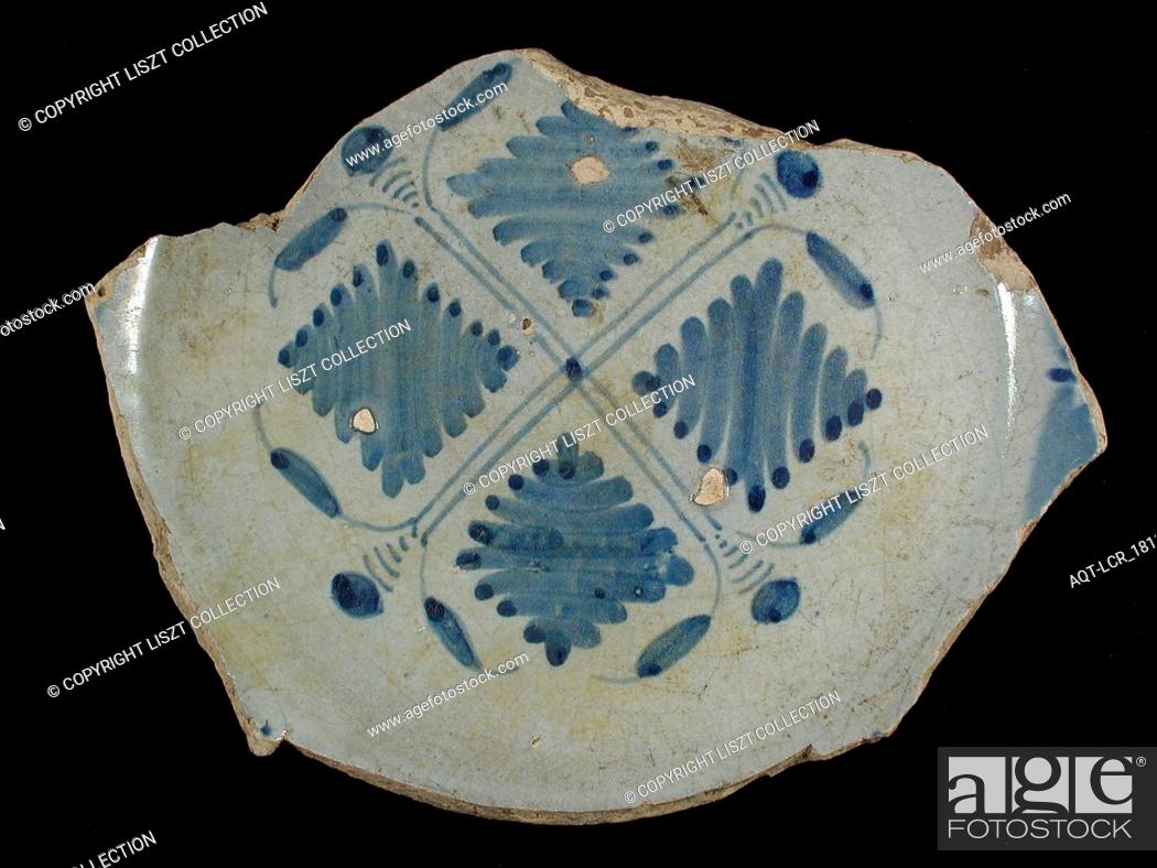 Stock Photo: S, Fragment majolica dish, blue on white, highly simplified four-leaved motif, signed, plate crockery holder soil find ceramic earthenware glaze.