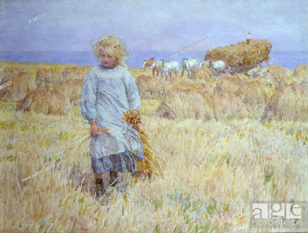 Stock Photo: Blonde comme les Blés' (blonde like the wheat) – Little girl standing in a field of wheat being harvested. Dated July 1989.