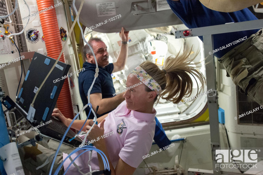 Stock Photo: NASA astronaut Karen Nyberg, Expedition 36 flight engineer, uses a computer in the International Space Station's Quest airlock while the crew prepares for a.