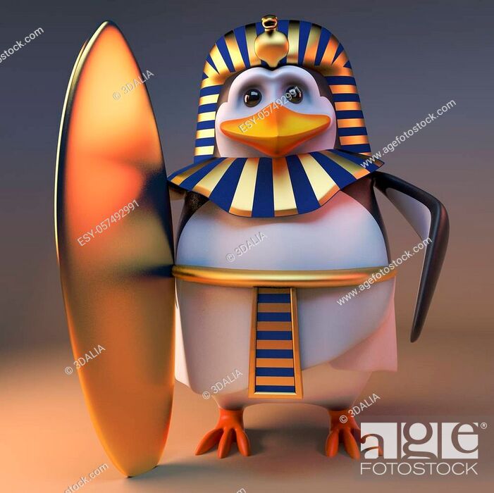 Stock Photo: Surfing mad penguin pharaoh Tutankhamun has bought a gold surfboard, 3d illustration render.