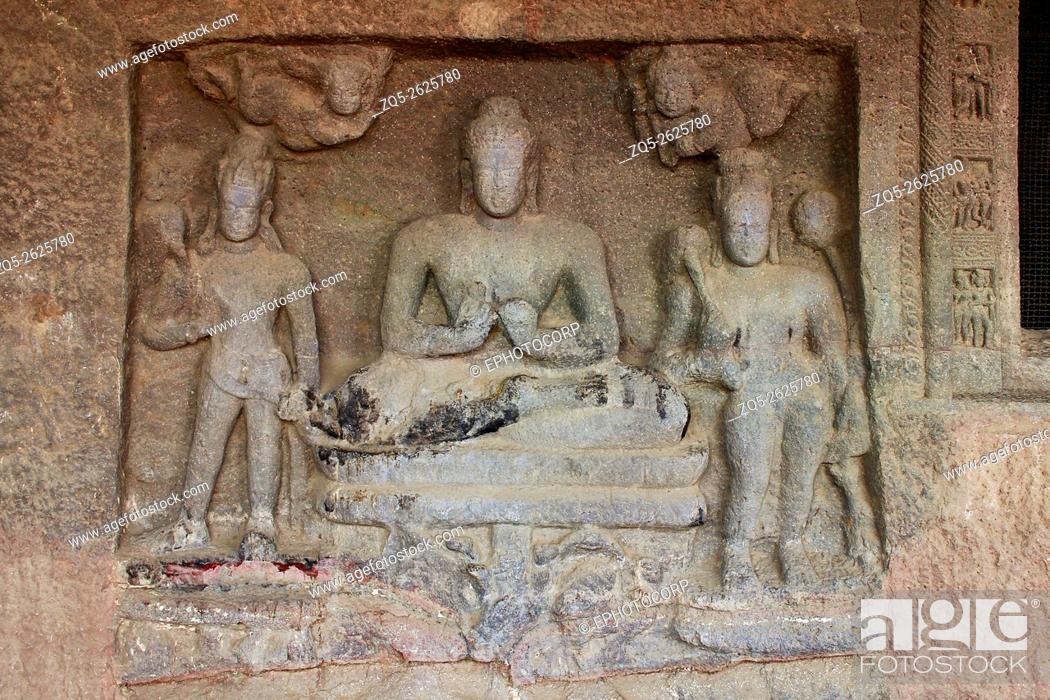 Stock Photo: Cave 1, Buddha seated in Padmasana in teaching attitude. Aurangabad Caves, Aurangabad, Maharashtra, India.