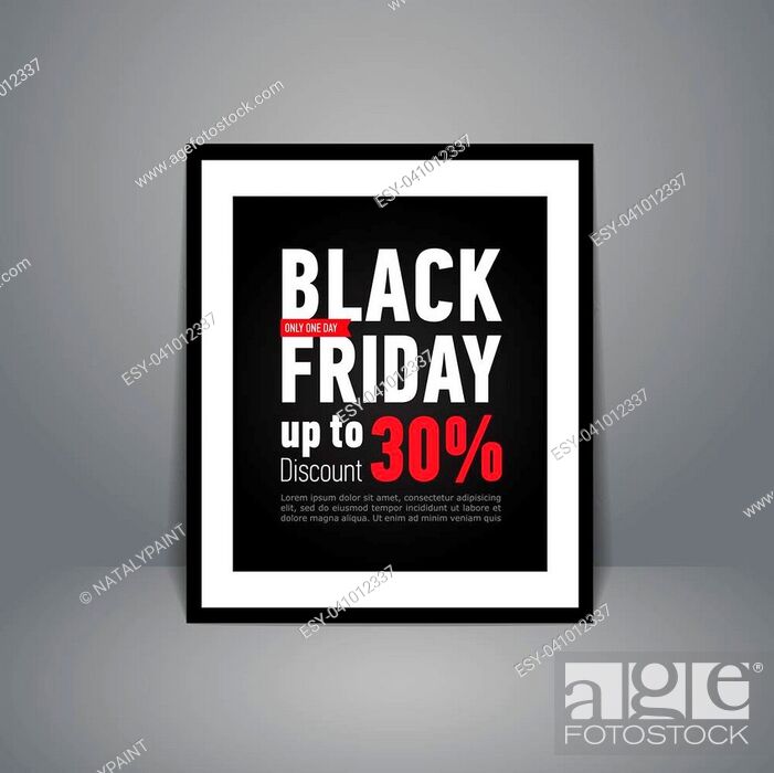 Stock Vector: Black Friday Sale poster standing on floor. Trendy sale poster in black frame. Discount up to 30%. Advertising banner.