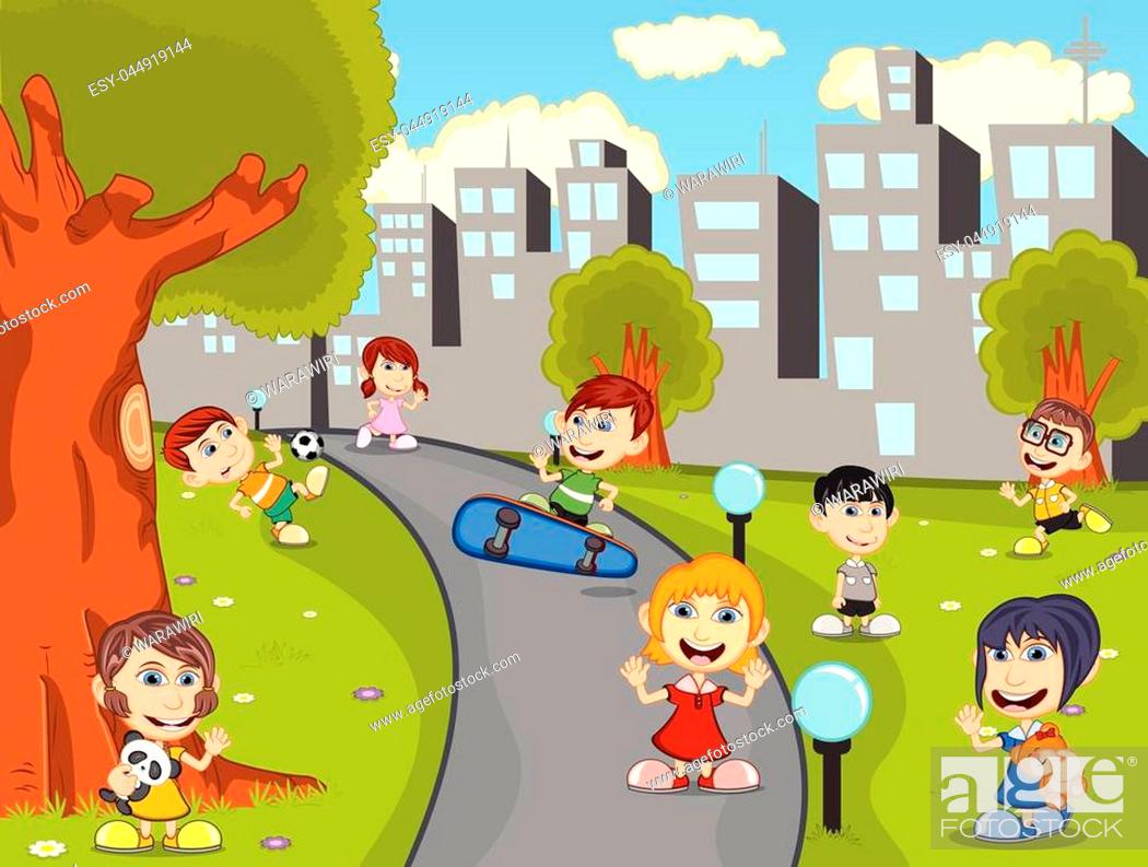 Cute happy cartoon kids playing in green park cartoon, Stock Vector, Vector  And Low Budget Royalty Free Image. Pic. ESY-044919144 | agefotostock