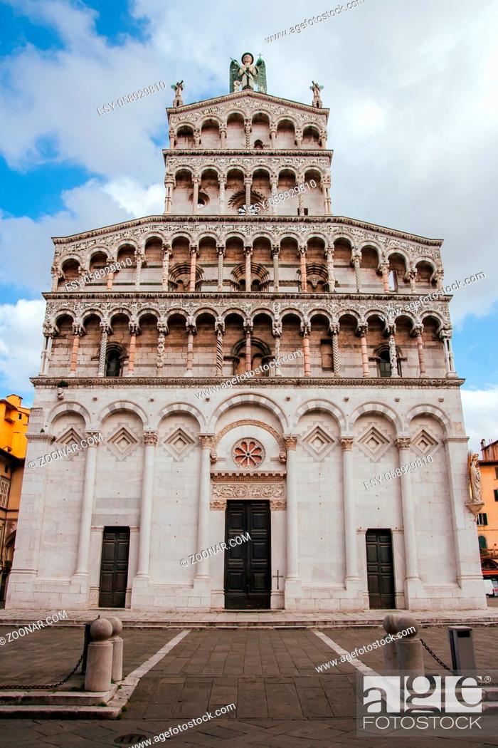 Stock Photo: Beautiful historic architecture of San Michele in Foro in Lucca Italy on a cool winter's evening.