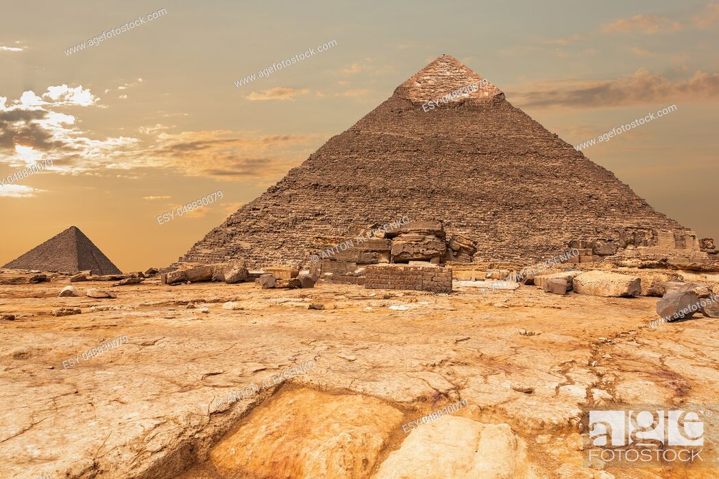 Stock Photo: The Pyramid of Khafre and the Pyramid of Menkaure view in Giza, Egypt.